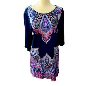 K&C blue pink white paisley sheath Dress Size Large quarter sleeve rayon spandex